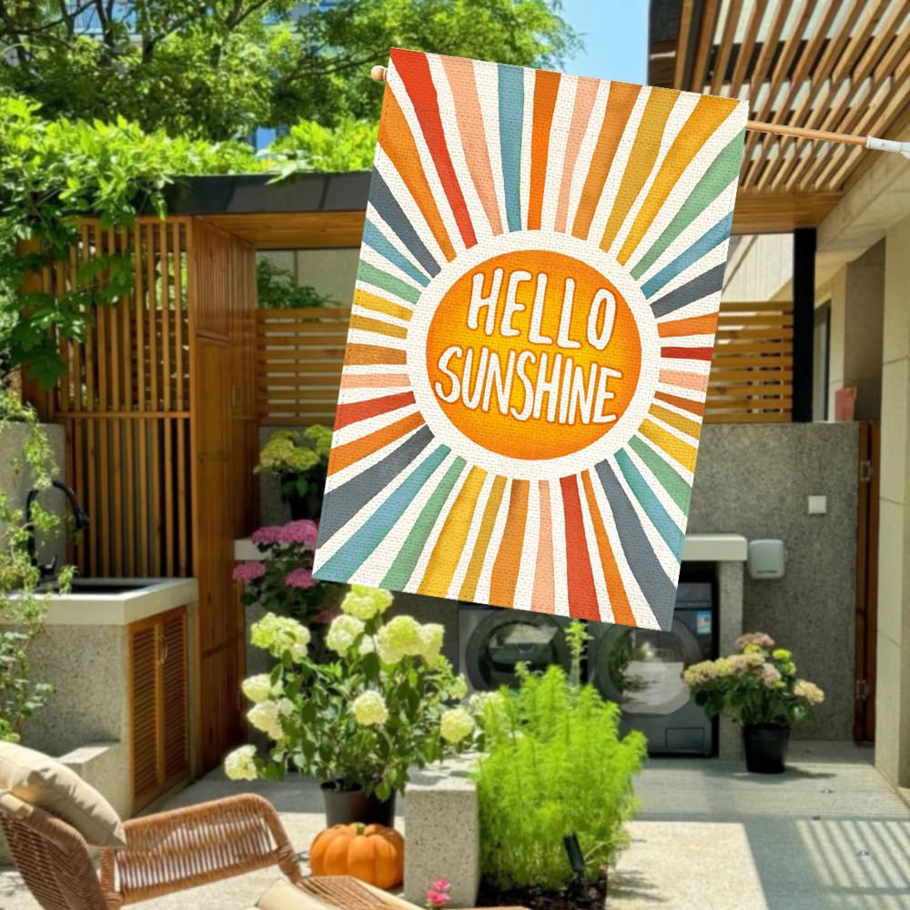 RABUSOFA Hello Sunshine flag burlap texture close-up highlights rustic charm