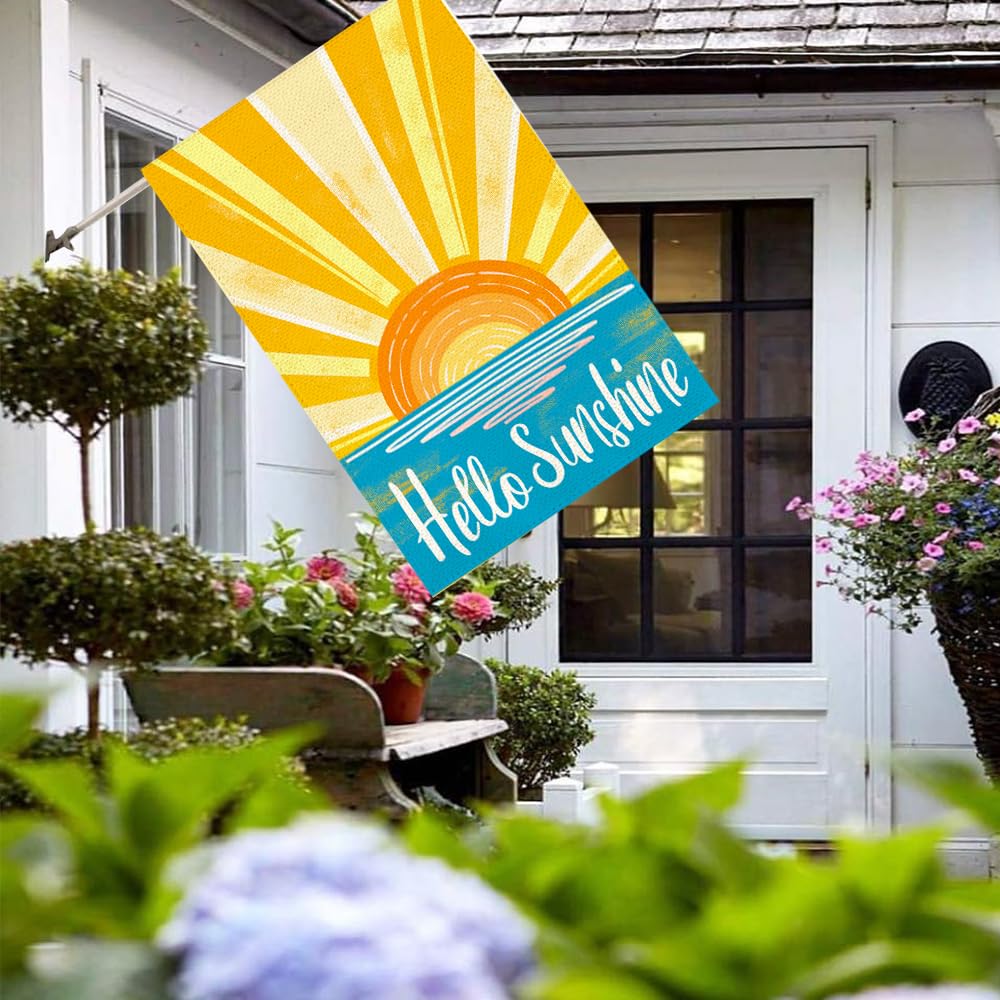 RABUSOFA Hello Sunshine flag burlap texture adds rustic outdoor charm.