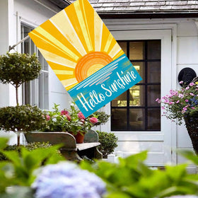 RABUSOFA Hello Sunshine flag burlap texture adds rustic outdoor charm.