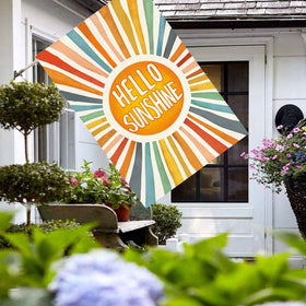 RABUSOFA Hello Sunshine flag hanging on a pole demonstrates easy outdoor installation