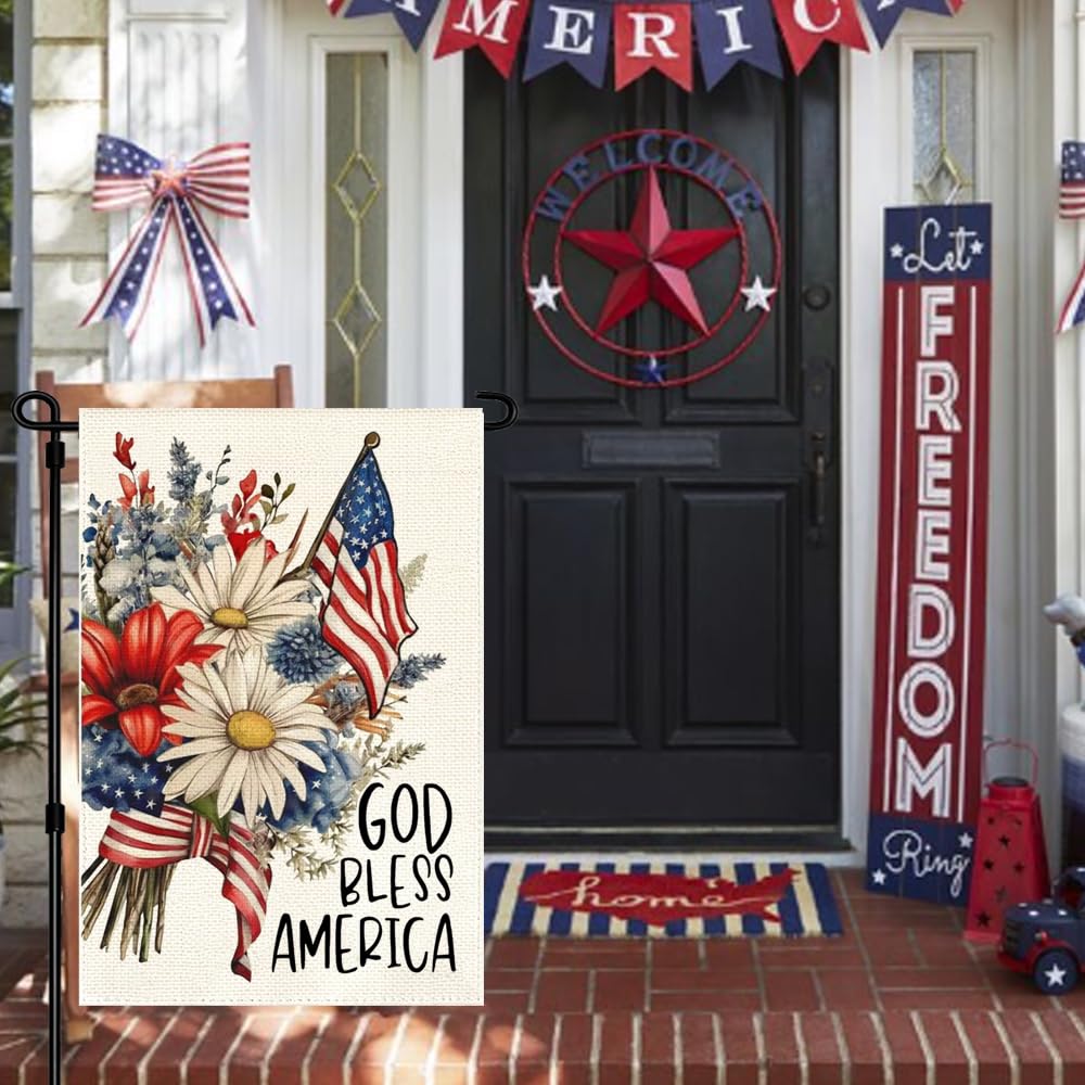 RABUSOFA patriotic garden flag on deck for outdoor charm.