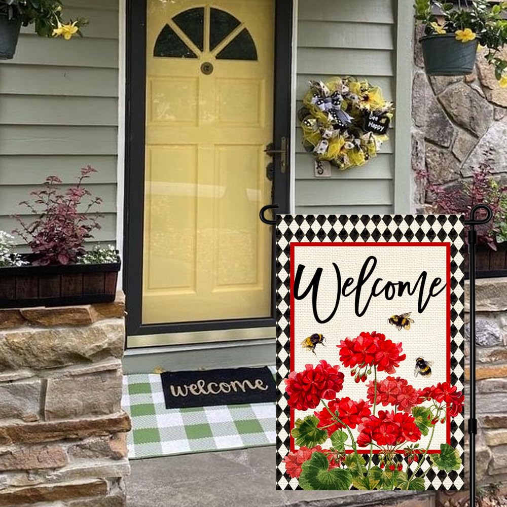 RABUSOFA spring-summer flag showcases a vibrant bee red floral design for seasonal flair.