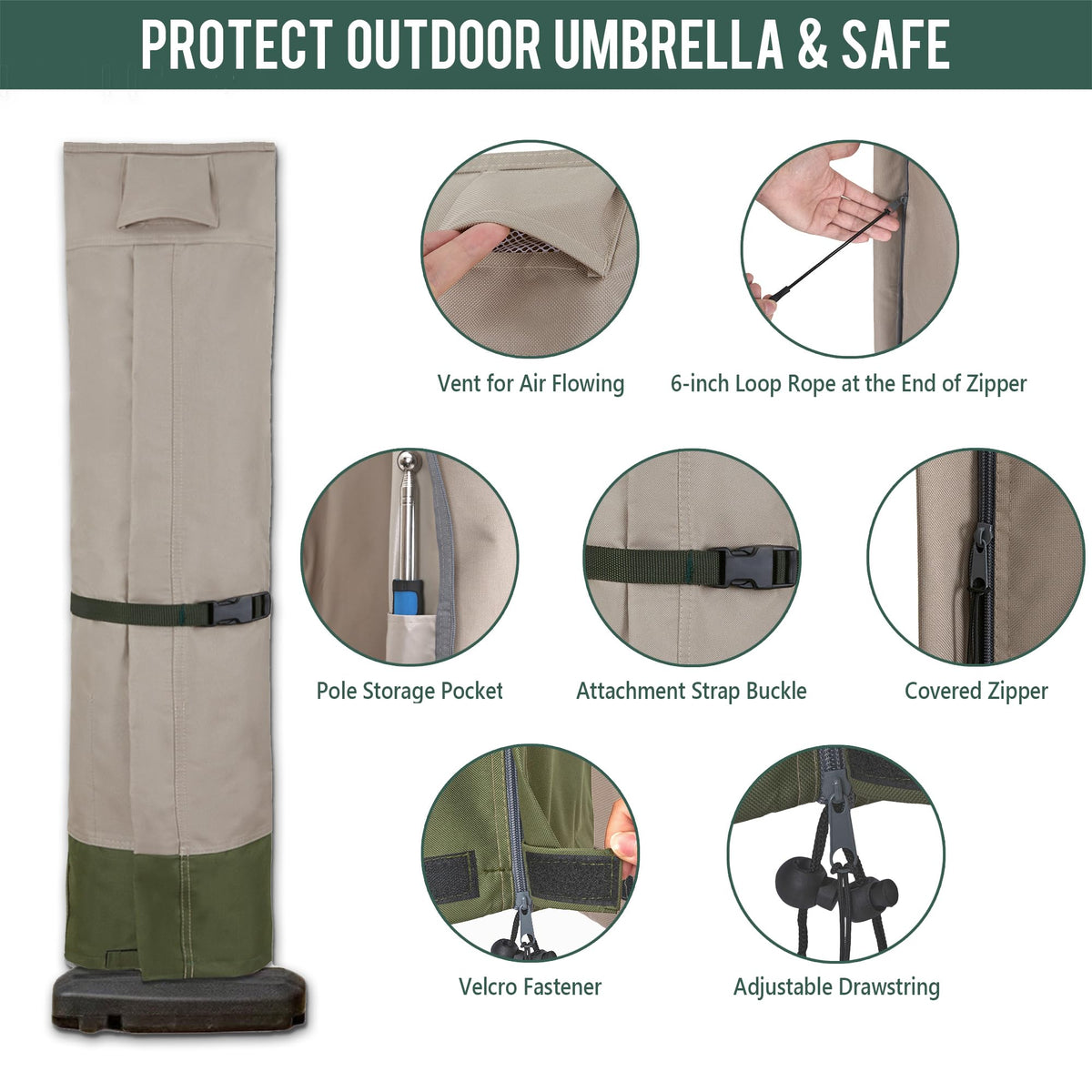 Khaki-green dual-tone Rachmi umbrella cover blending with outdoor decor