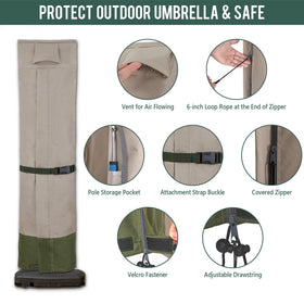 Khaki-green dual-tone Rachmi umbrella cover blending with outdoor decor