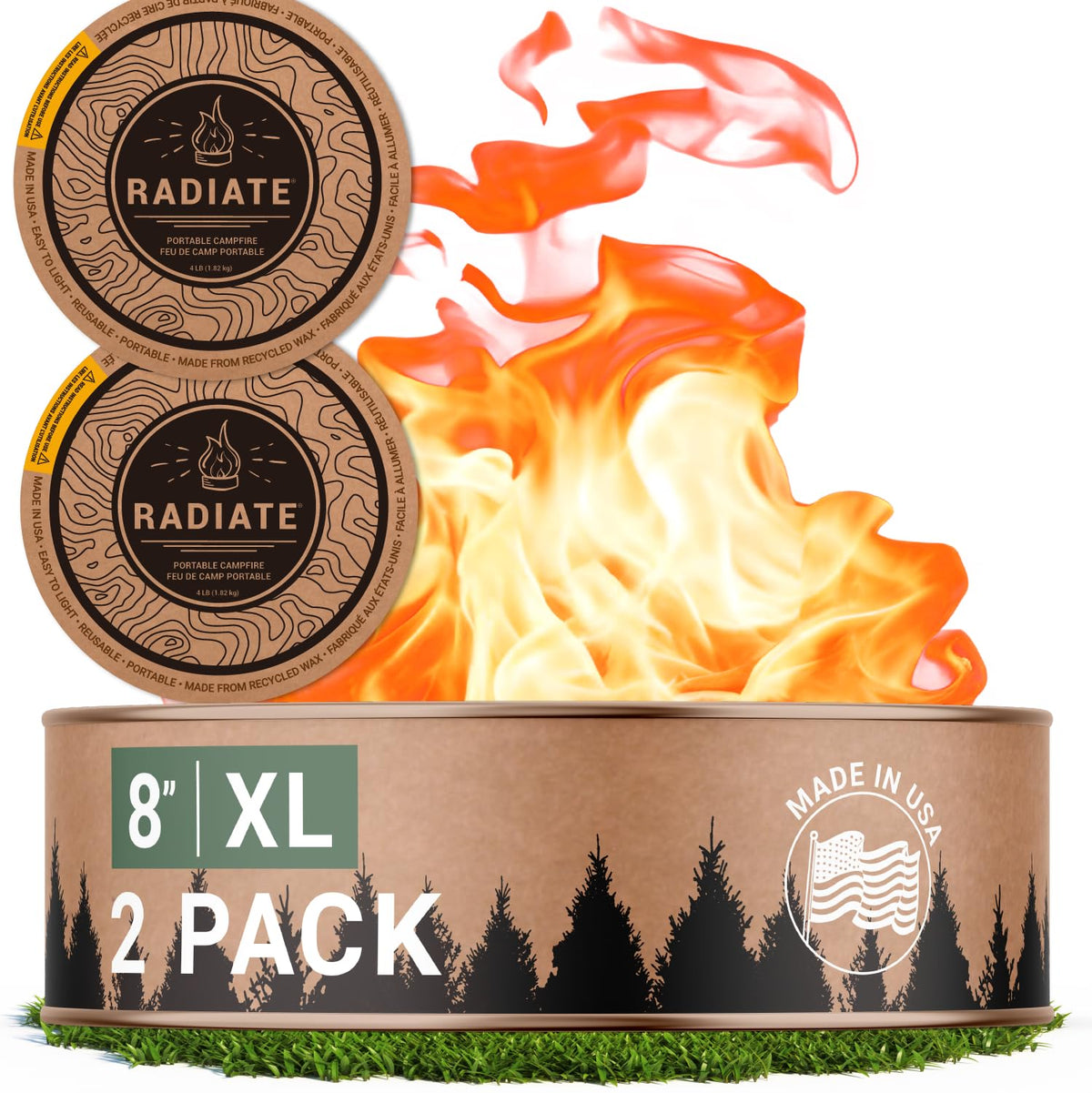 Radiate campfire XL 8-inch burn creates cozy patio glow.