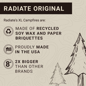 Radiate recycled soy wax briquettes powering a tidy flame.