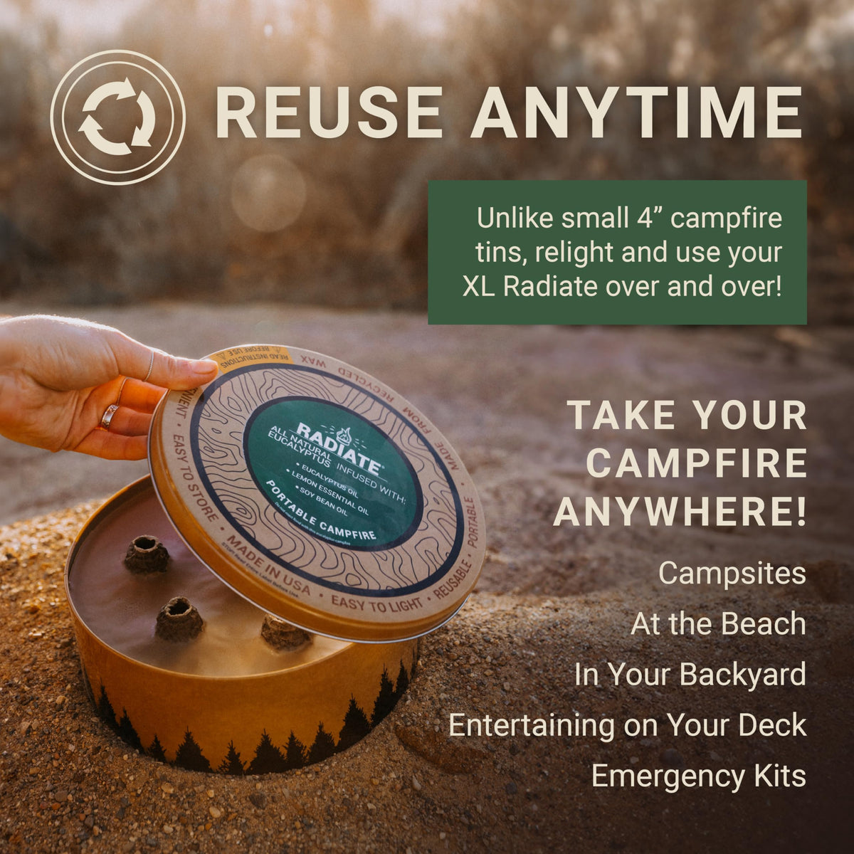 Radiate XL eco soy wax briquettes promote clean, low-smoke gatherings.