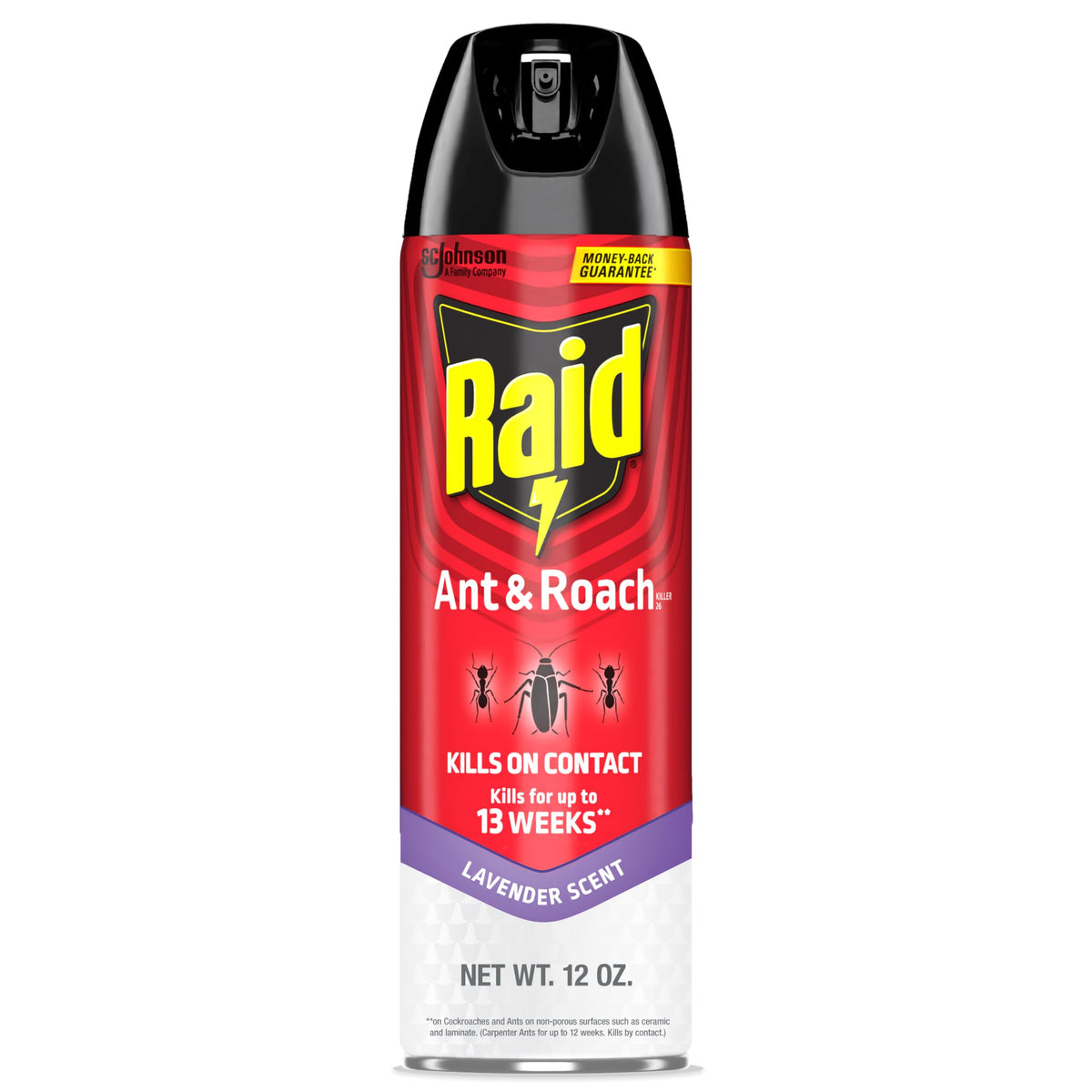 Raid Ant & Roach Killer Spray bottle lavender scent for quick on-contact control.