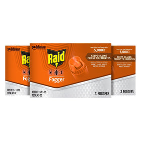 Raid Concentrated Deep Reach Fogger 3-pack close-up for quick room treatment.