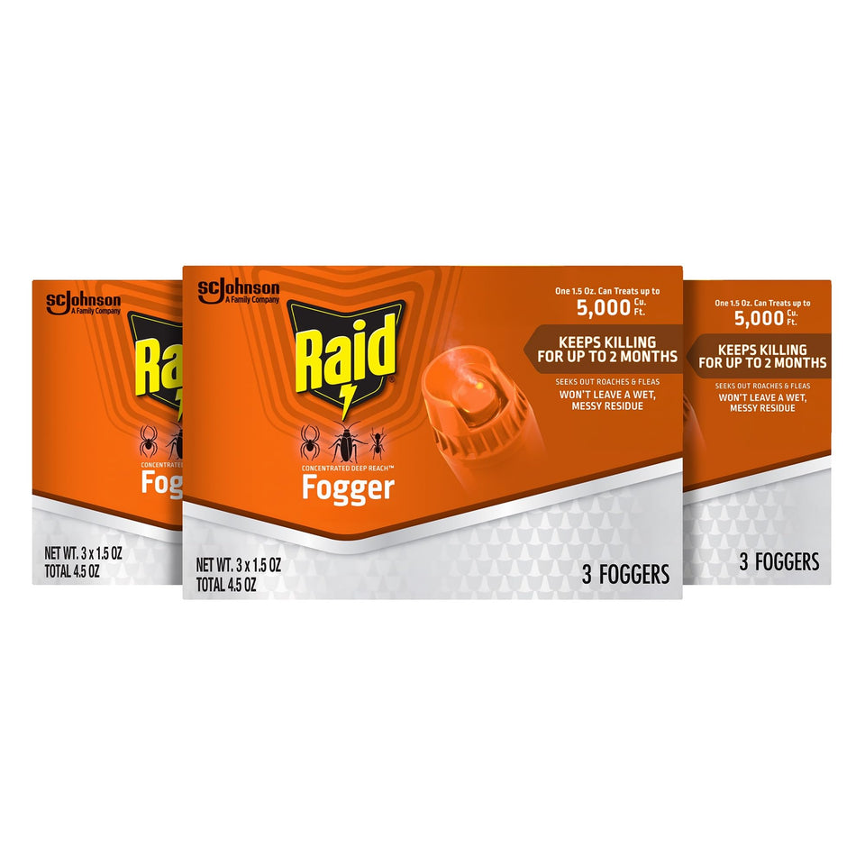 Raid Concentrated Deep Reach Fogger 3-pack close-up for quick room treatment.