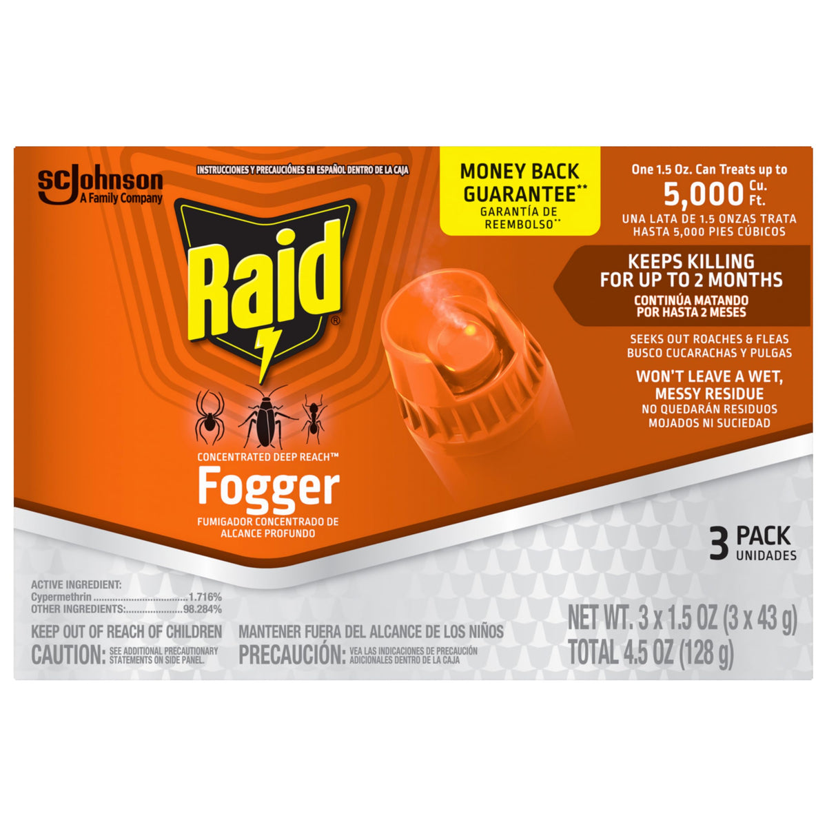 Raid Deep Reach Fogger close-up can label communicates concentrated action kills insects effectively