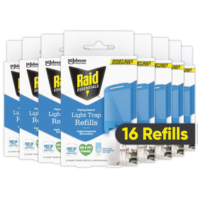 Raid Essentials light trap refill 16-pack shown for ongoing pest control