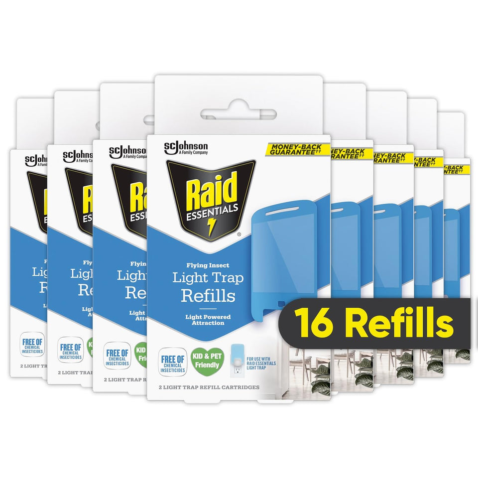Raid Essentials light trap refill 16-pack shown for ongoing pest control