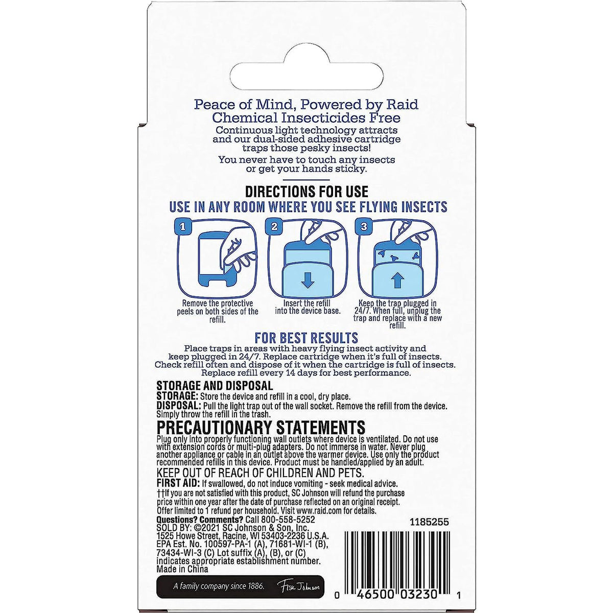 Close-up of Raid Essentials refill cartridge highlighting adhesive capture