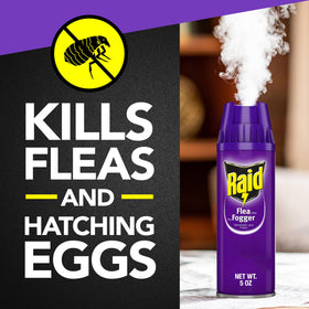 Raid flea killer fogger spray action demonstrating quick release mist