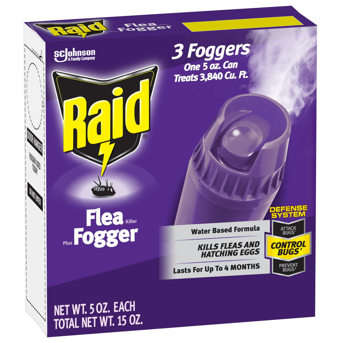 Raid flea killer fogger three-pack packaging for indoor room treatment
