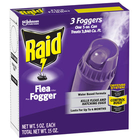 Raid flea killer fogger three-pack packaging for indoor room treatment