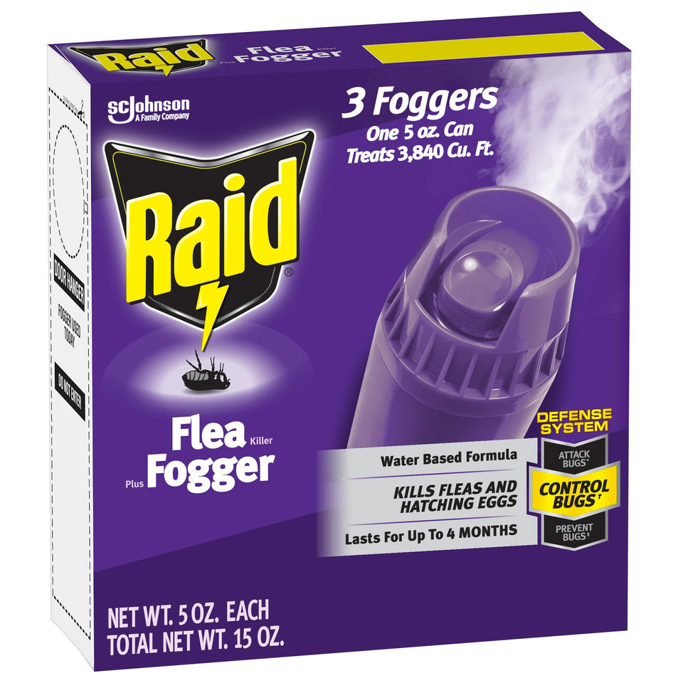 Raid flea killer fogger three-pack packaging for indoor room treatment