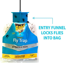 Raid fly trap full bag disposal in household trash.