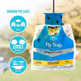 Raid fly trap hanging bug catcher for patios promotes outdoor cleanliness.