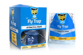 Raid fly trap outdoor bag with funnel attracts flies, easy setup.