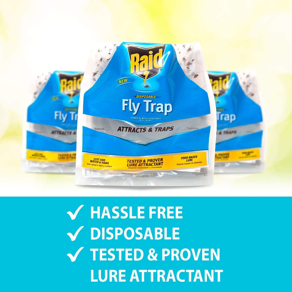 Raid fly trap six-pack for outdoor use covers multiple spaces.