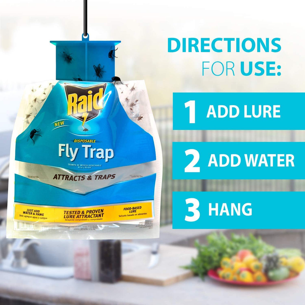Raid fly trap for patios and gardens – easy outdoor pest control.