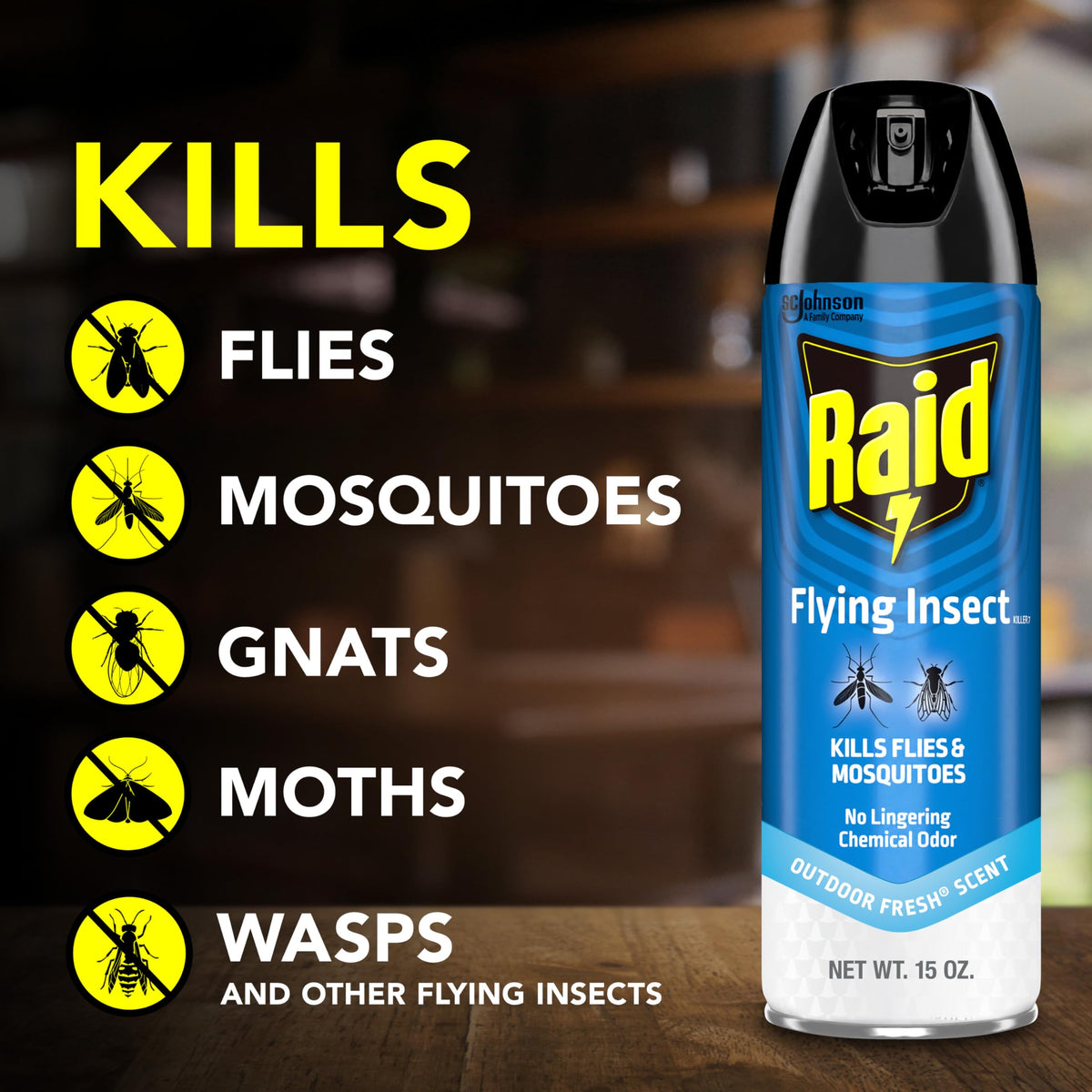Raid Flying Insect Killer kills mosquitoes and other flying insects on contact.