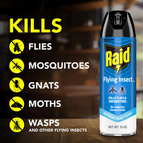 Raid Flying Insect Killer kills mosquitoes and other flying insects on contact.