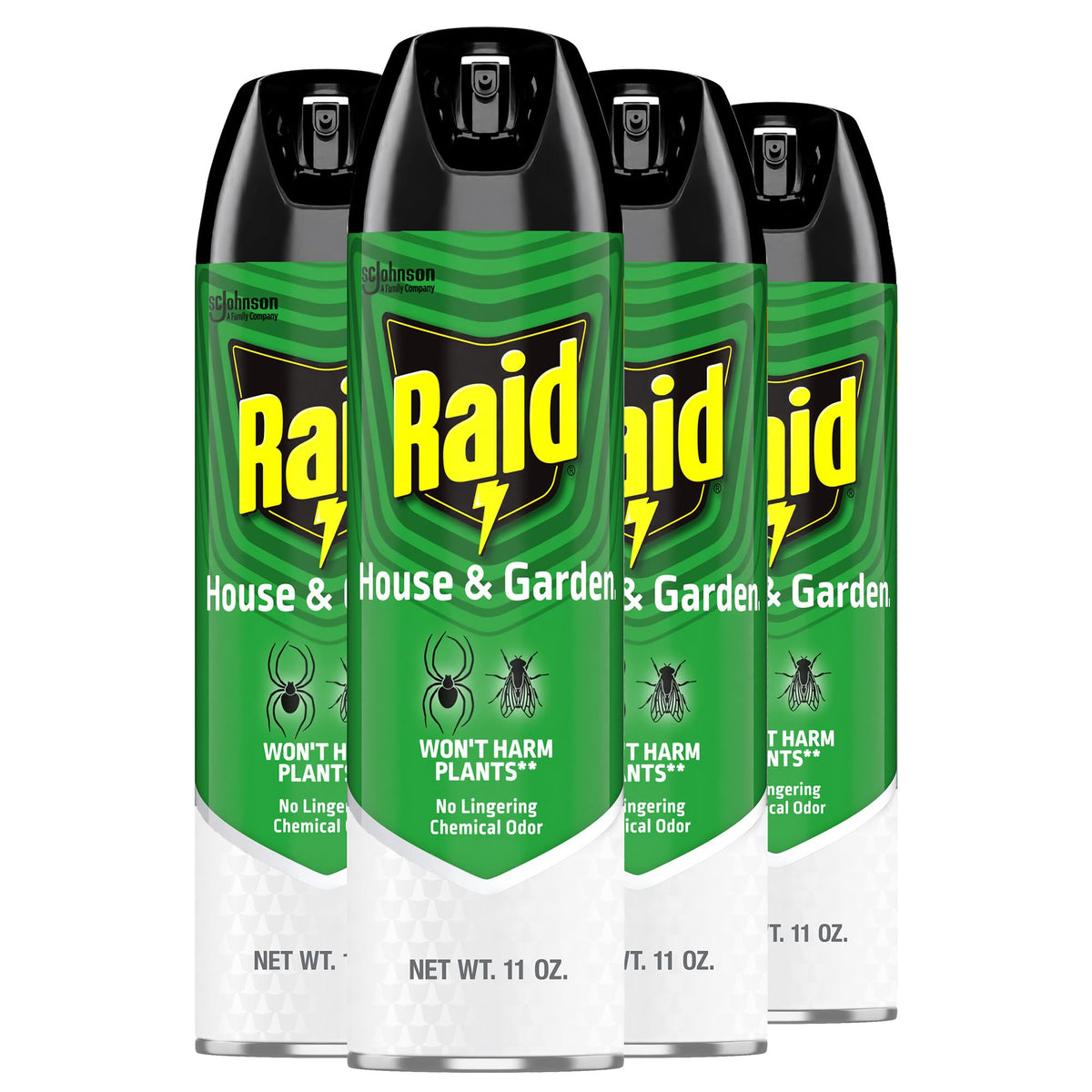 Raid House & Garden aerosol can front view for interior and exterior bug control.