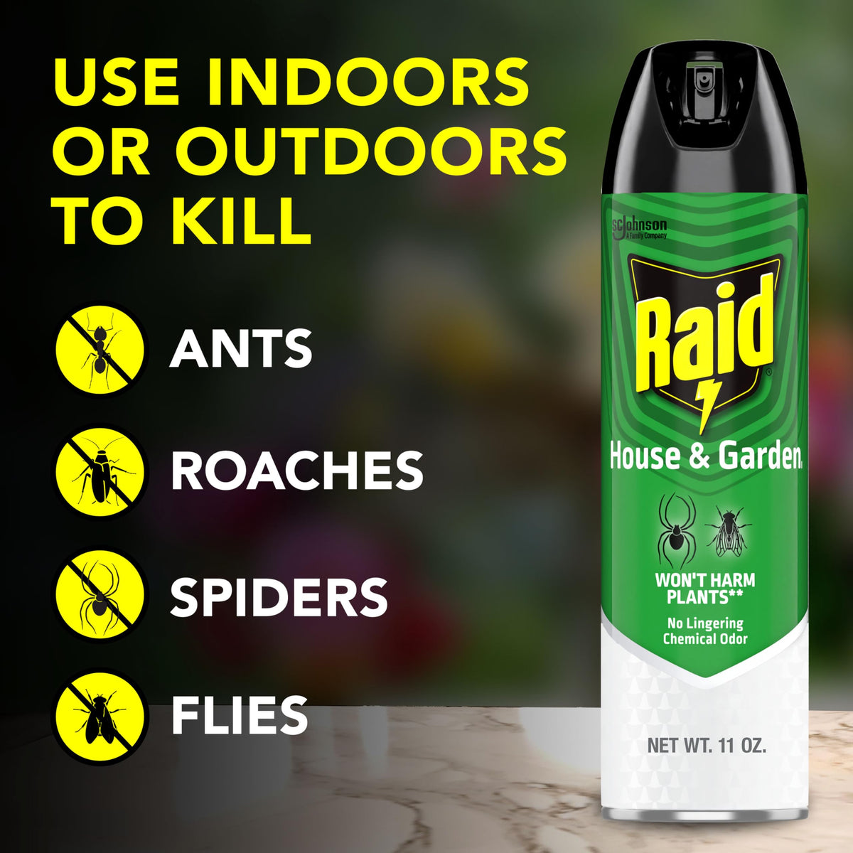 Raid House & Garden spray nozzle close-up showing easy mist application.