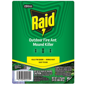 Raid application near a fire ant mound showing easy dusting and perimeter protection.