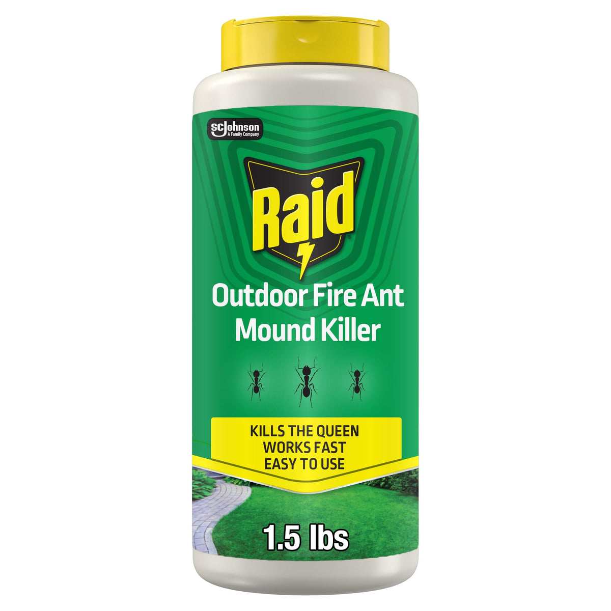 Raid Outdoor Fire Ant Mound Killer dust can in action for fast outdoor control.