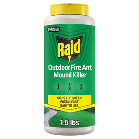 Raid Outdoor Fire Ant Mound Killer dust can in action for fast outdoor control.