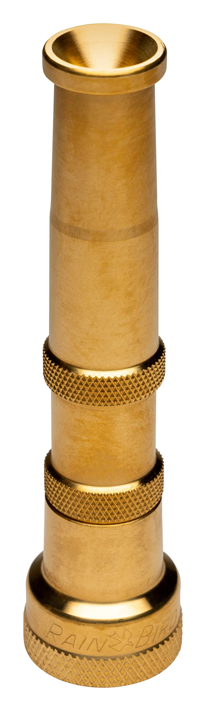 Rain Bird HENZLB5ADJ 5-inch brass nozzle close-up highlighting durable lead-free construction for garden tasks.
