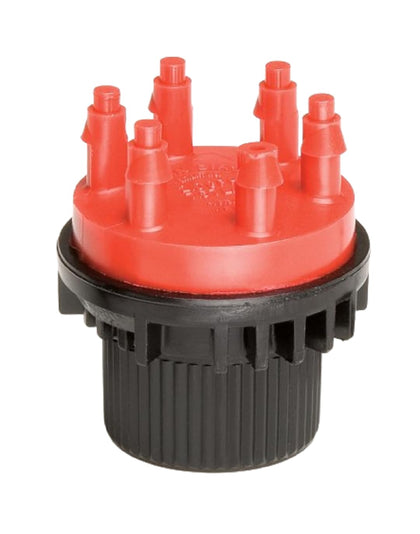 Rain Bird MANIF21PK six-port manifold connects six 1/4 inch tubes for precise water distribution.
