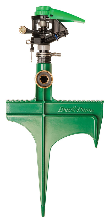 Rain Bird P5RLSP sprinkler mounted on a durable metal spike for easy portable watering.