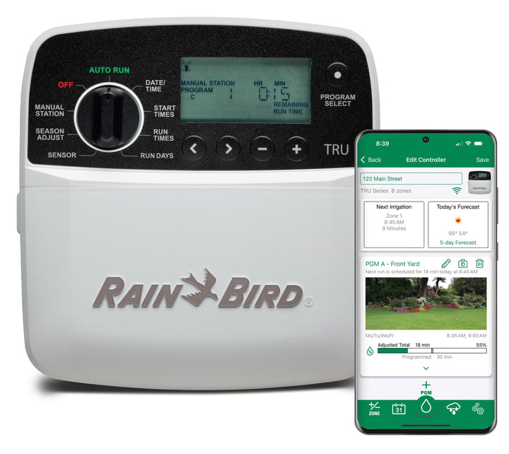 Rain Bird TRU8IW timer dial and LCD display for easy programming and scheduling.