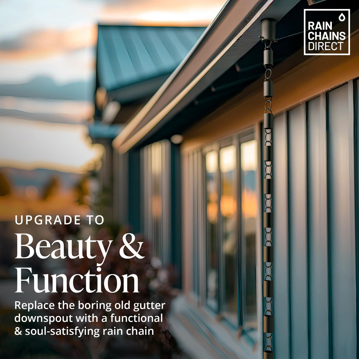 Rain Chains Direct durable black powder-coated aluminum for long-lasting gutters.