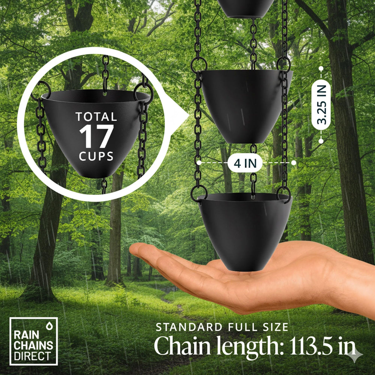 Rain Chains Direct Cascading Bowls black powder-coated aluminum resists weathering.
