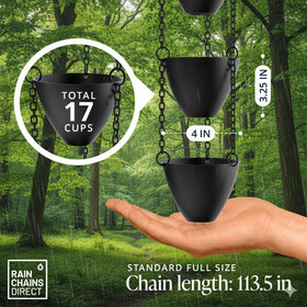 Rain Chains Direct Cascading Bowls black powder-coated aluminum resists weathering.