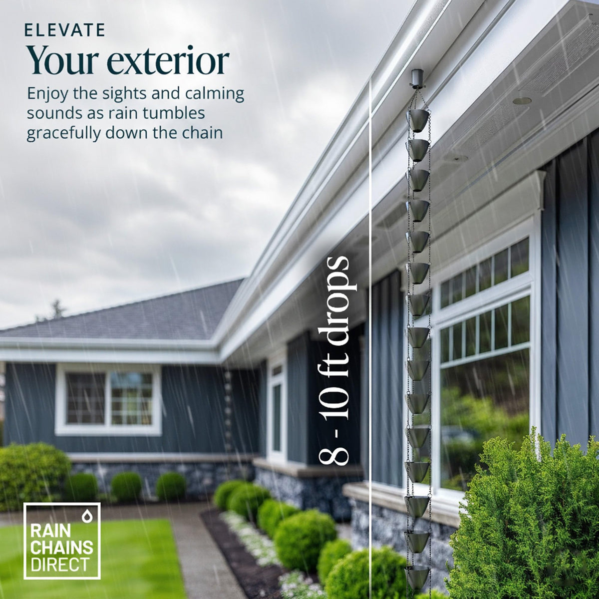Rain Chains Direct Cascading Bowls compatible with optional gutter adapter.
