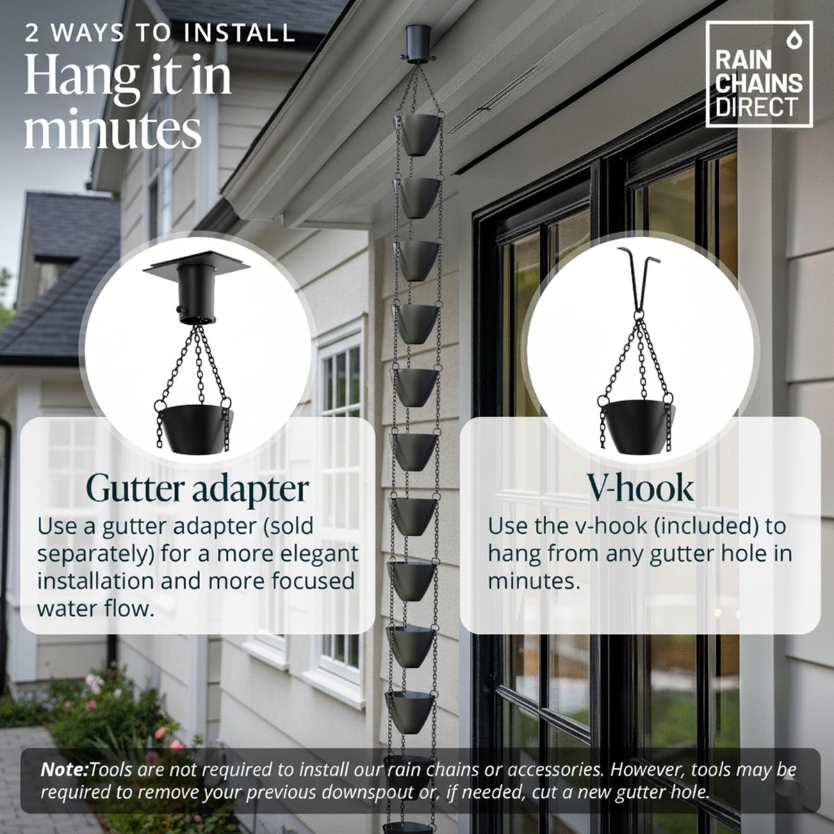 Rain Chains Direct Cascading Bowls easy installation with included V-hook.