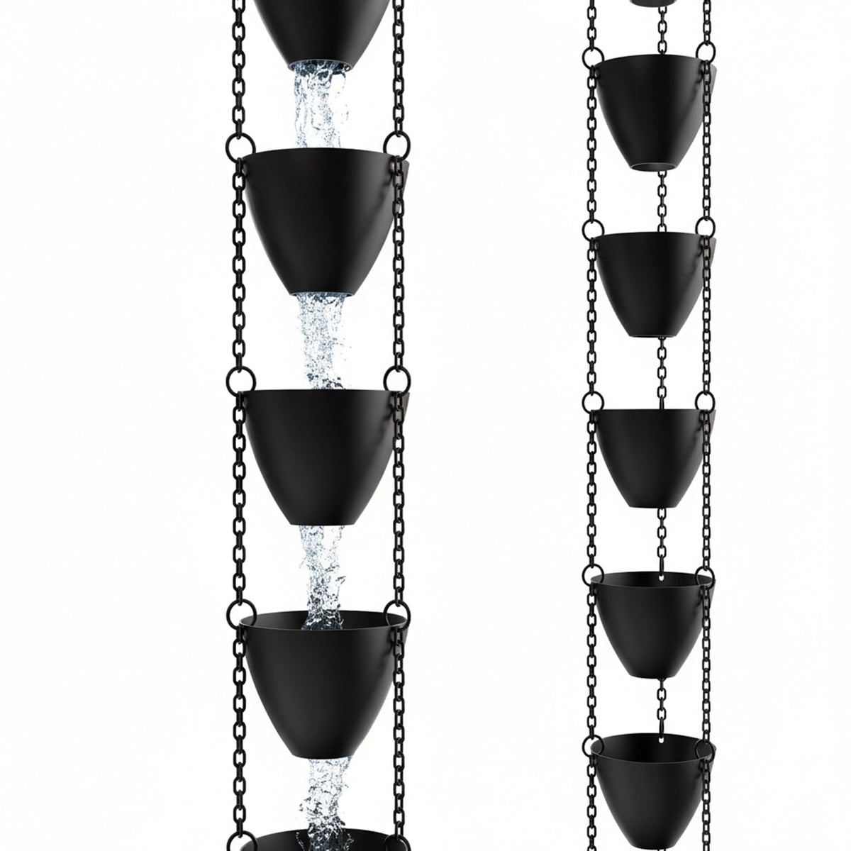 Rain Chains Direct Cascading Bowls full chain guides heavy rain smoothly downspouts.