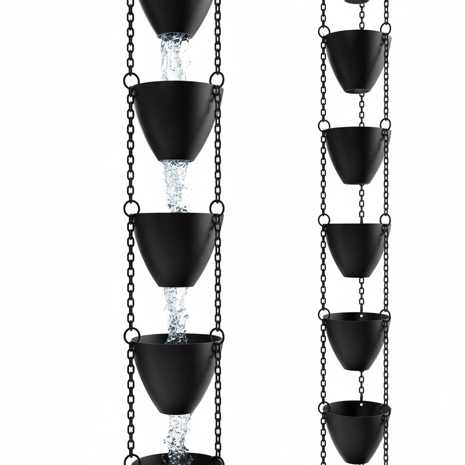 Rain Chains Direct Cascading Bowls full chain guides heavy rain smoothly downspouts.