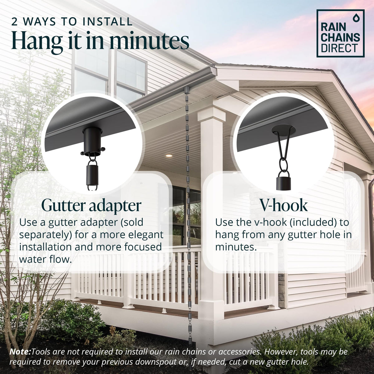 Rain Chains Direct cup dimensions 1.25 inches by 2 inches highlight profile.