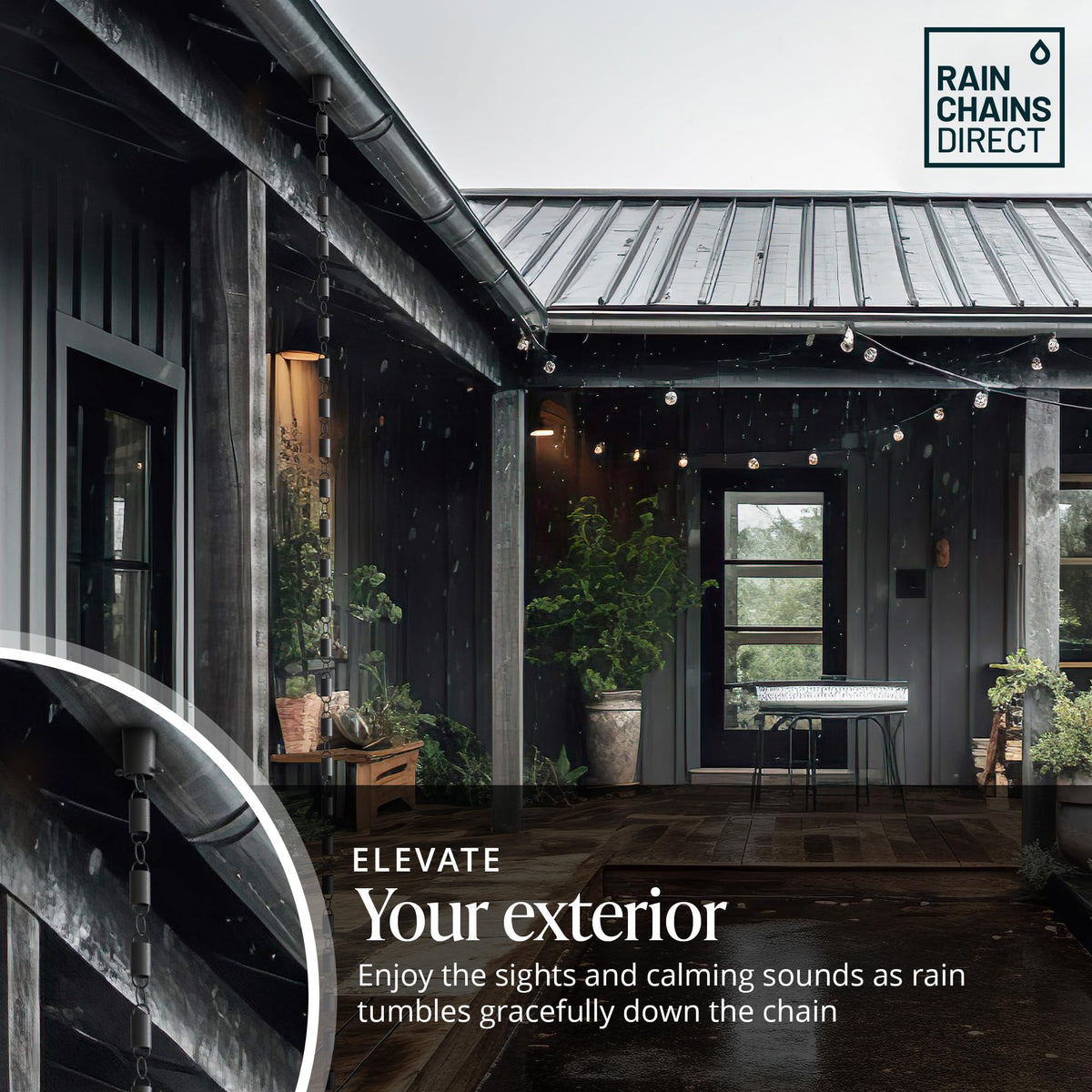Rain Chains Direct gutter compatibility with standard holes for easy setup.