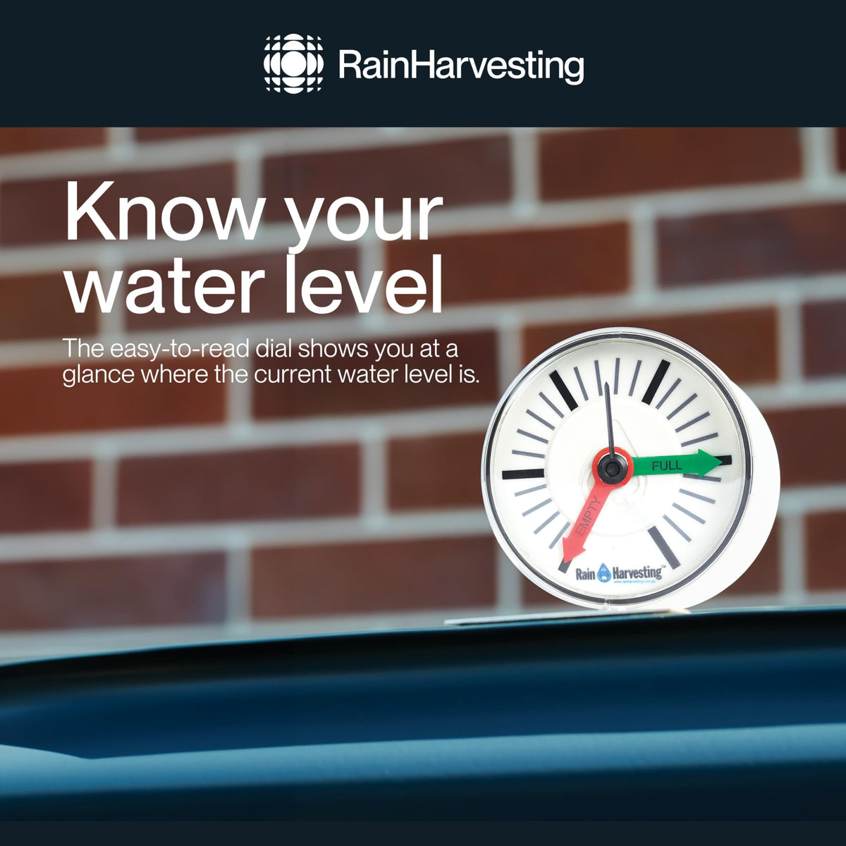 Close-up of the dial showing Empty and Full for quick water level reading.