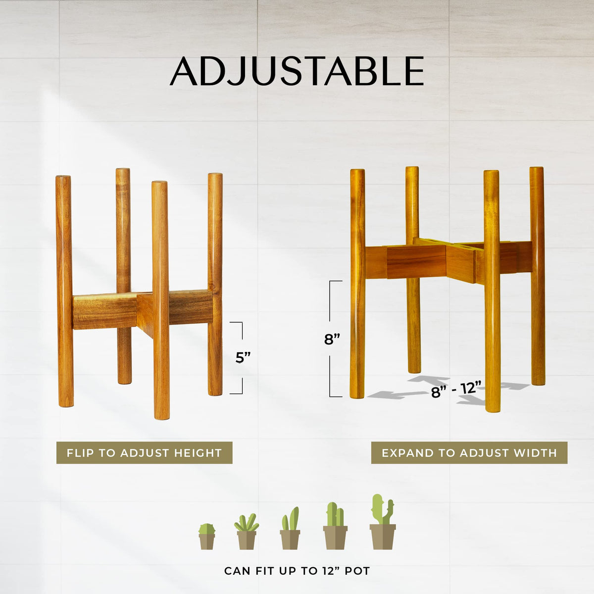 Rainbleland Acacia plant stand adjustable setup demonstrates width fit for 8–12 inch pots.