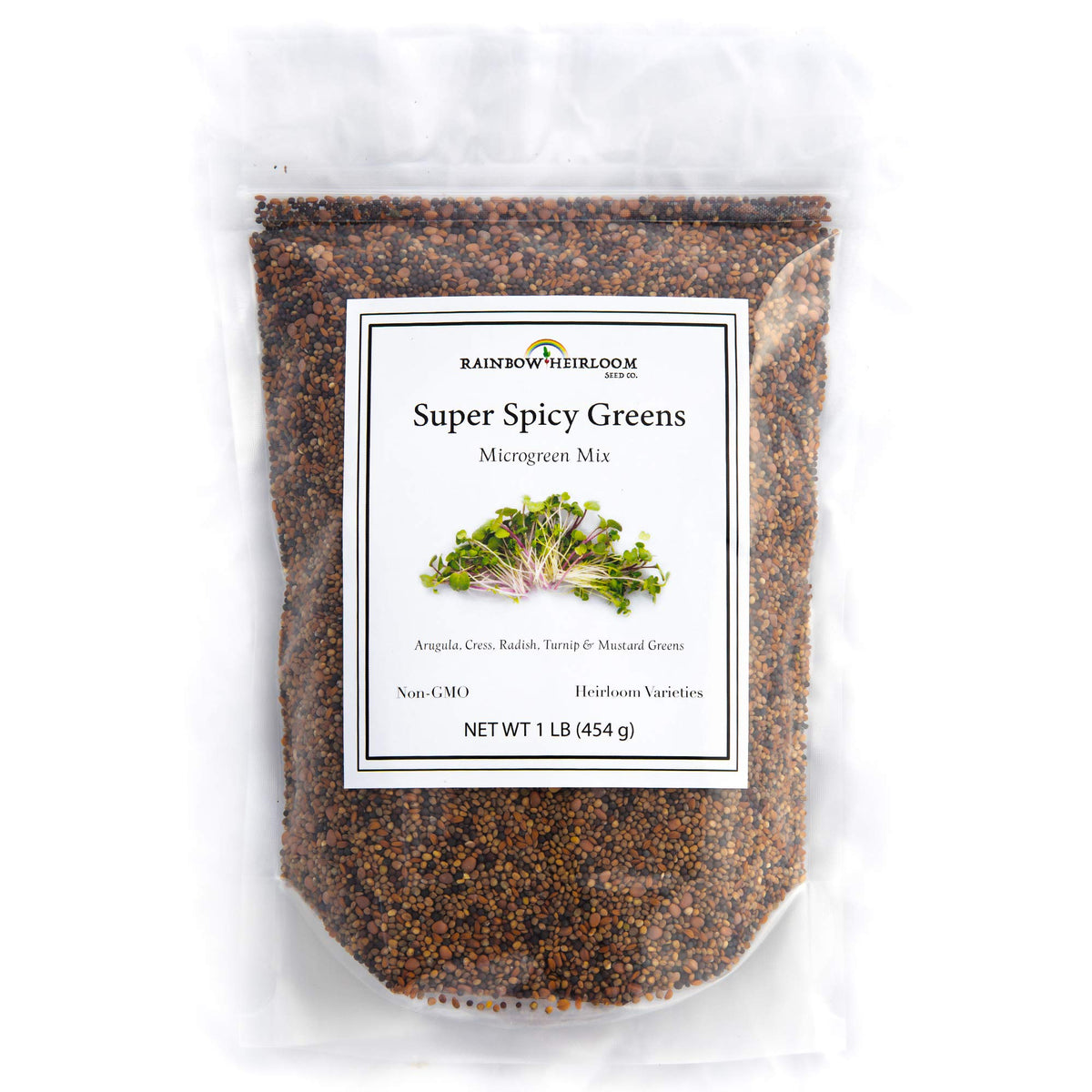 Rainbow Heirloom Seed Co. Super Spicy Greens seed mix pack, ready for planting with bold flavor.
